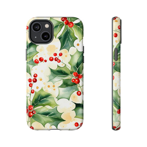 Christmas Holly on a Golden Background - Impact Resistant Phone Case iPhone 14 Plus Glossy
